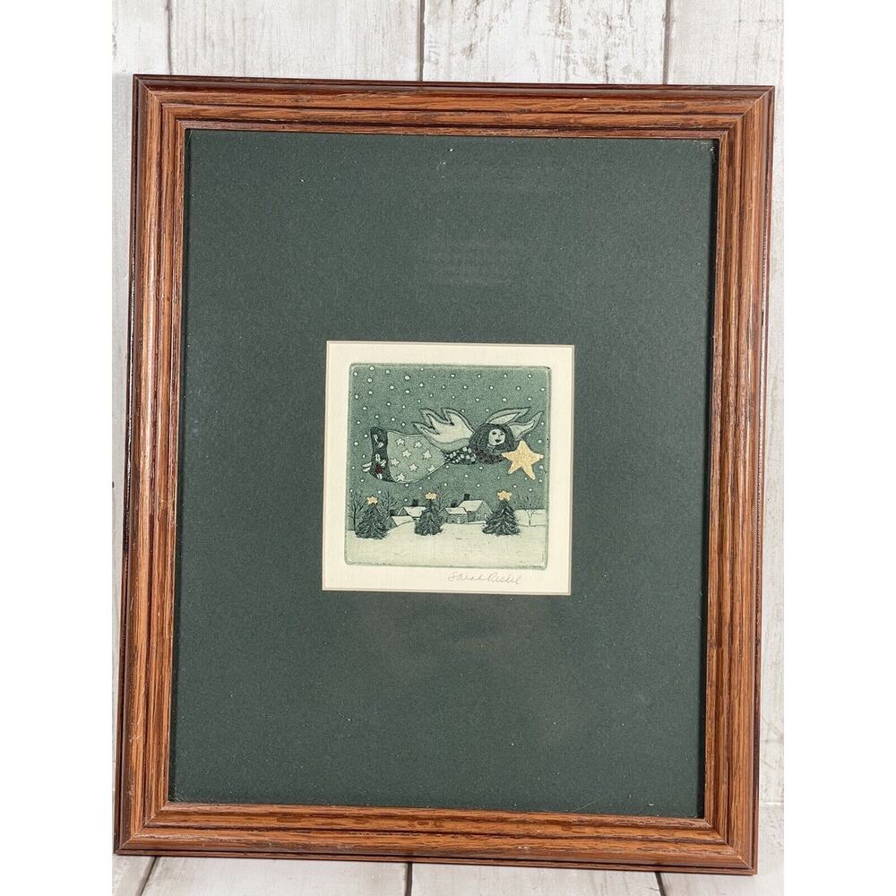 Sarah Rishel Etching Print Framed And Signed Angel Christmas Wintertime